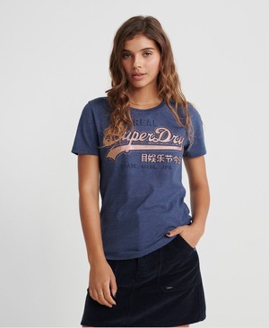 Superdry Vintage Logo Glitter Embossed Női Pólók Sötétkék | EUDLT4978